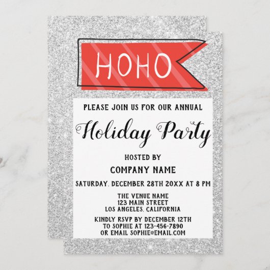 会社ホリデーパーティレッド&グレーシルバーグリッター 招待状 (正面/裏面)