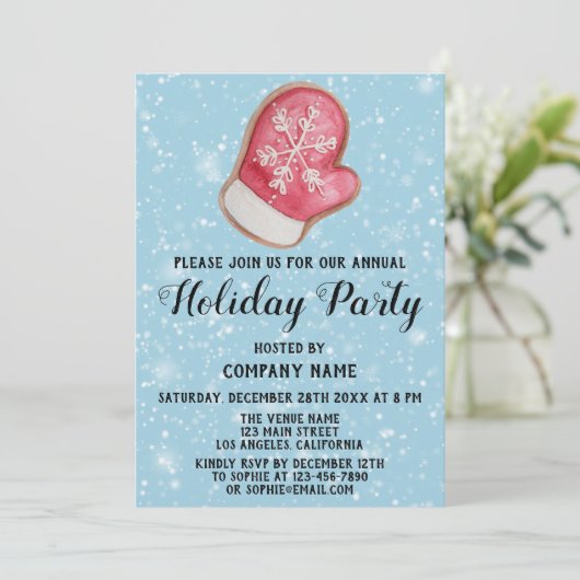 会社ホリデーパーティレッド&ホワイトミッテンブルースノー 招待状 (スタンド正面)