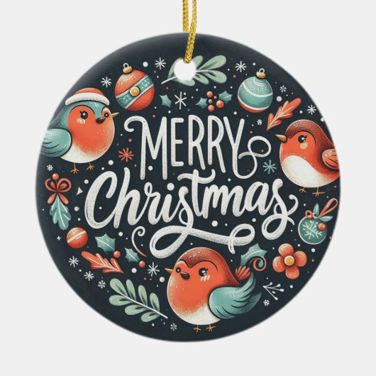 会社メリークリスマスロビンズメッセージカード セラミックオーナメント (正面)