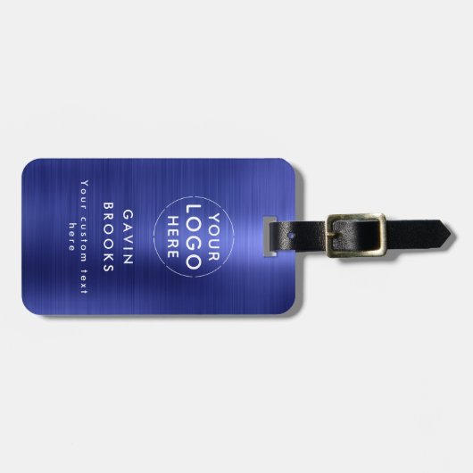 会社モダンロゴネイビーブルーブラシ仕上げメタリック ラゲッジタグ (正面横)