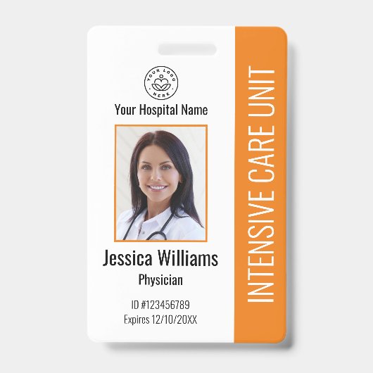 会社モダンロゴ写真オレンジ色の従業員ID バッジ (正面)