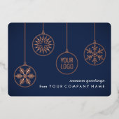 会社ロゴクリスマスオーナメントネイビーブルーユニーク 箔シーズンカード (正面)