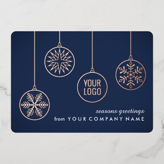 会社ロゴクリスマスオーナメントネイビーブルーユニーク 箔シーズンカード (正面)