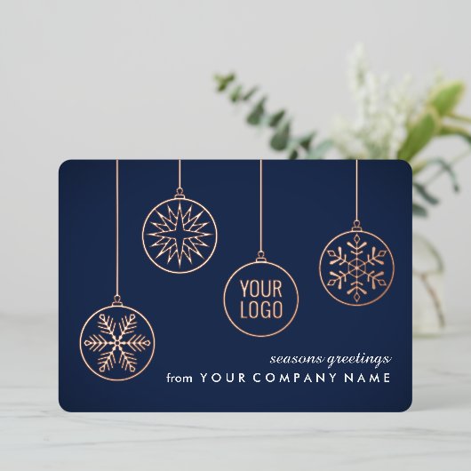 会社ロゴクリスマスオーナメントネイビーブルーユニーク 箔シーズンカード (立ち正面)