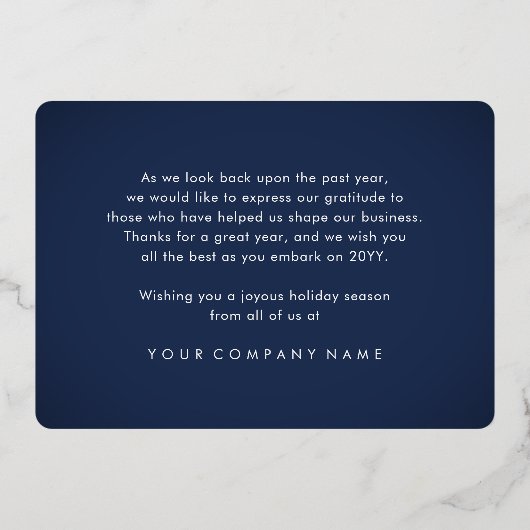 会社ロゴクリスマスオーナメントネイビーブルーユニーク 箔シーズンカード (裏面)