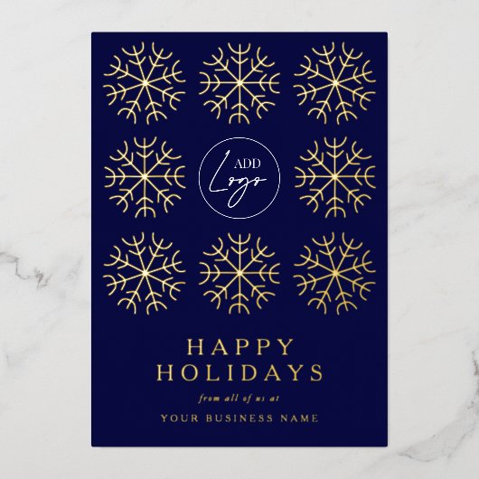 会社ロゴクリスマススノーフレーク海軍&金ゴールド 箔シーズンカード (正面)
