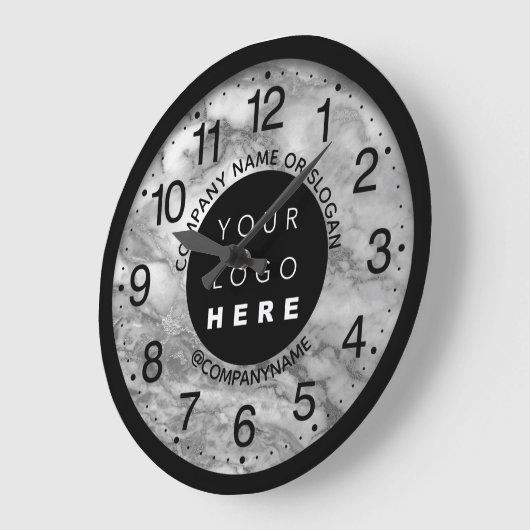 会社ロゴシルバーグレー大理石名スローガン ラージ壁時計 (傾斜)