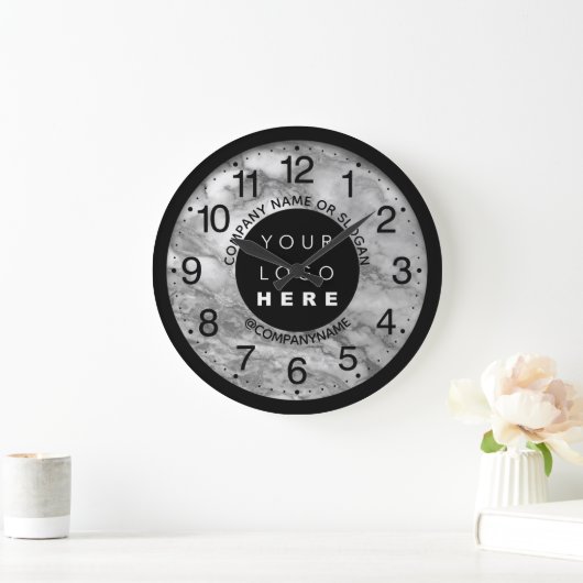 会社ロゴシルバーグレー大理石名スローガン ラージ壁時計 (ホーム)