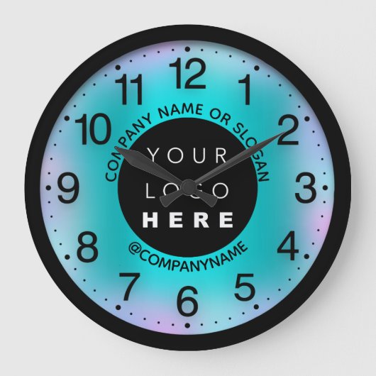 会社ロゴミントブルー抽象芸術名スローガン ラージ壁時計 (正面)