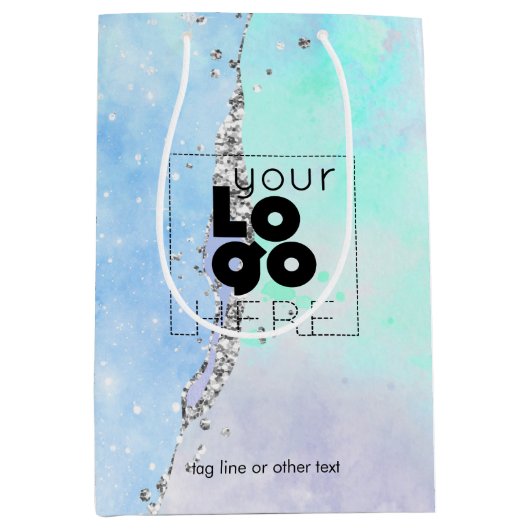 会社ロゴ青色のグリッターAgate紙小/ ミディアムペーパーバッグ (正面)