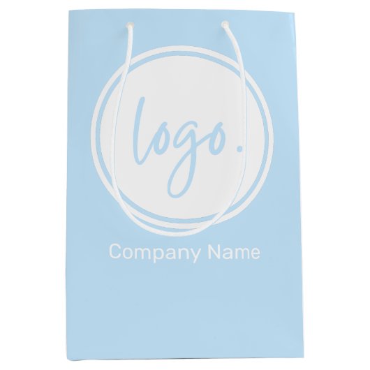 会社名とロゴが青色で表示されたビジネスブランド ミディアムペーパーバッグ (正面)