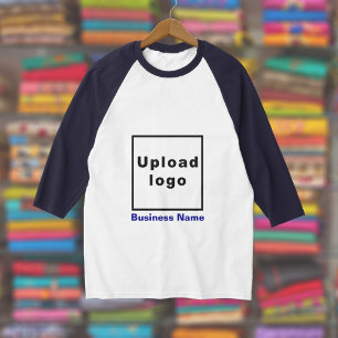 会社名とロゴ、ネイビーおよびホワイト3/4スリーブ Tシャツ