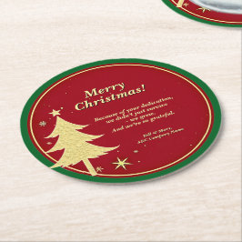会社名メッセージレッド、金ゴールドクリスマスツリー ラウンドペーパーコースター