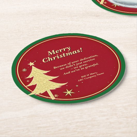 会社名メッセージレッド、金ゴールドクリスマスツリー ラウンドペーパーコースター (アングル)