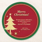 会社名メッセージレッド、金ゴールドクリスマスツリー ラウンドペーパーコースター (正面)