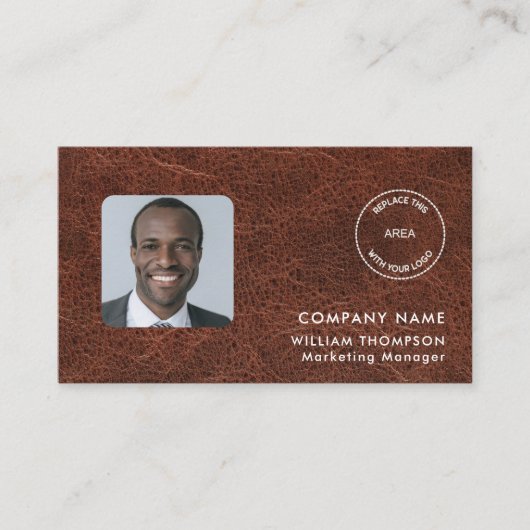 会社名ロゴ写真QRコードブラウンレザーフェイク 名刺 (正面)