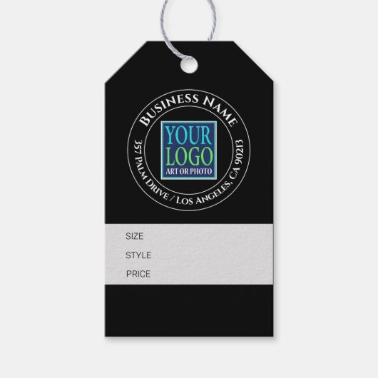 会社名、ロゴ、住所、ブラック/グレー価格ラベル ギフトタグ (正面)
