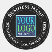 会社名、ロゴ、住所、白い文字(黒) ラウンドシール (正面)