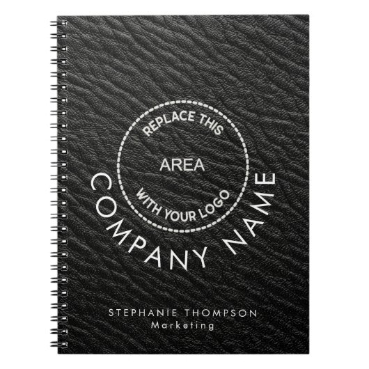 会社従業員名ロゴブラックレザーフェイクズ ノートブック (正面)