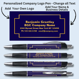会社詳細名、金ゴールドオレンジ文字、ネイビーブルー ボールペン