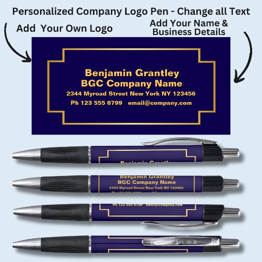 会社詳細名、金ゴールドオレンジ文字、ネイビーブルー ボールペン
