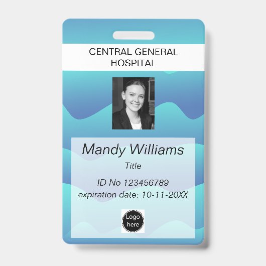 会社ID 従業員写真ロゴ 青い波 名前 バッジ (正面)