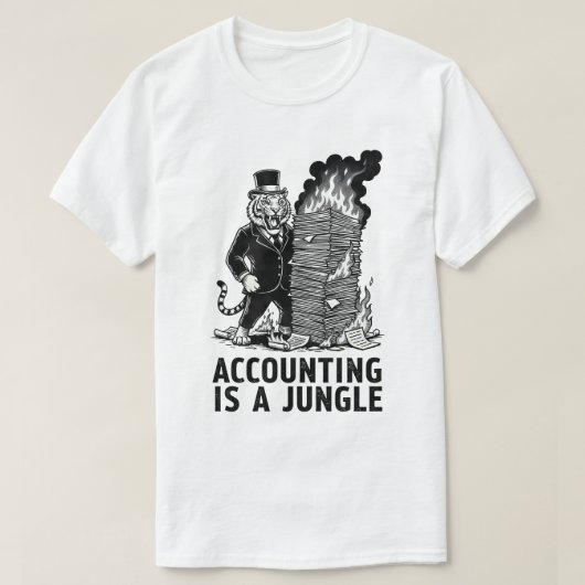 "会計はジャングル" 面白いトラの会計士 Tシャツ (デザイン正面)