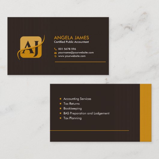 会計士サービス – 茶色と収穫黄色 名刺 (正面/裏面)