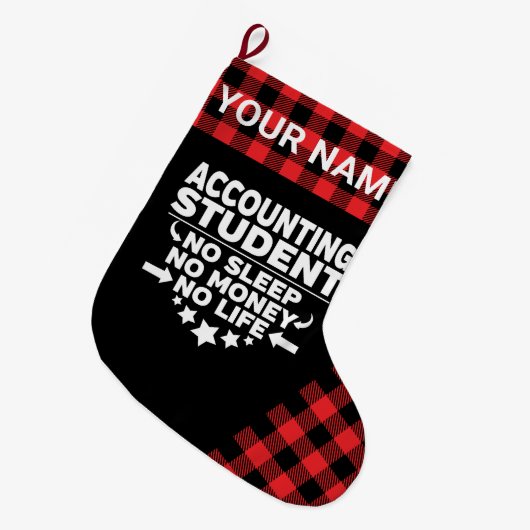 会計学生No睡眠金ライフレッドプレイド ラージクリスマスストッキング (正面 (吊り時))