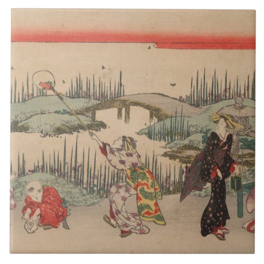 伝染性のホタル(色の木版画) タイル (正面)