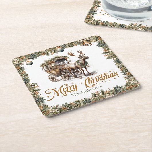 伝統のクラシック緑の金ゴールドクリスマストナカイ スクエアペーパーコースター (アングル)
