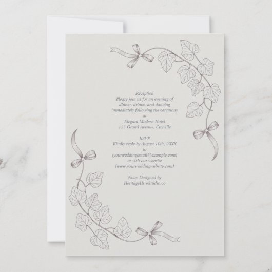 伝統アイビーとリボンハンドドローエレガントな結婚式 招待状 (裏面)