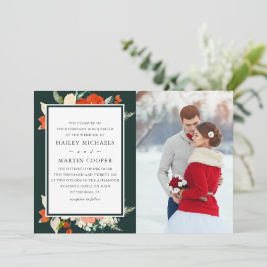 伝統エレガント赤フローラブーケ写真結婚の 招待状 (スタンド正面)