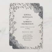 伝統グレーボタニカルラインアート結婚ズ 招待状 (正面/裏面)