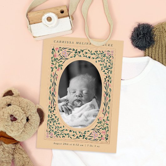 伝統フローラフレーム楕円フォト誕生 箔招待状