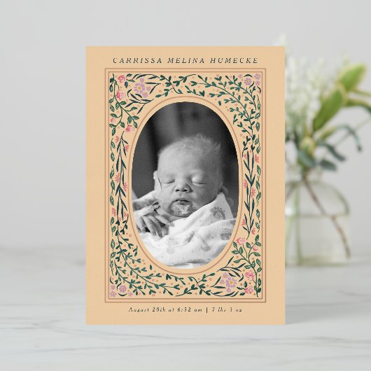 伝統フローラフレーム楕円フォト誕生 箔招待状 (立ち正面)