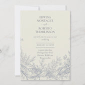 伝統ブルーボタニカル彫刻エレガントな結婚式 招待状 (正面)