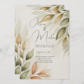 伝統ボタニカルウォーター色グリーンリーモダンウェッド 招待状 (正面/裏面)