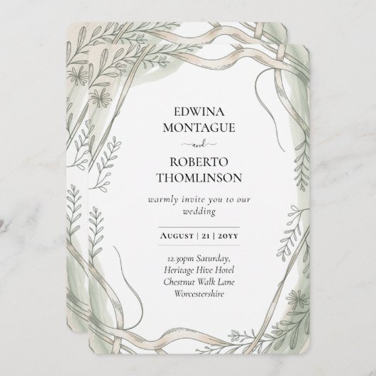 伝統ボタニカルリボンとつる植物結婚ズ 招待状 (正面/裏面)