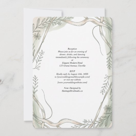 伝統ボタニカルリボンとつる植物結婚ズ 招待状 (裏面)