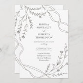 伝統ミニマルラインアートリボン&ワイルドフラワー結婚 招待状 (正面/裏面)
