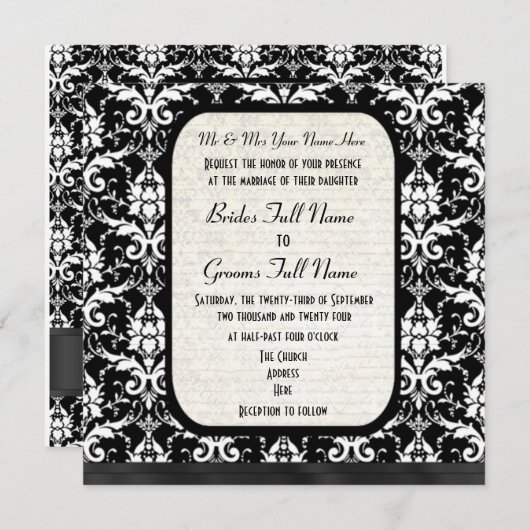 伝統的でフォーマルな白黒ダマスク織の結婚式 招待状 (正面/裏面)