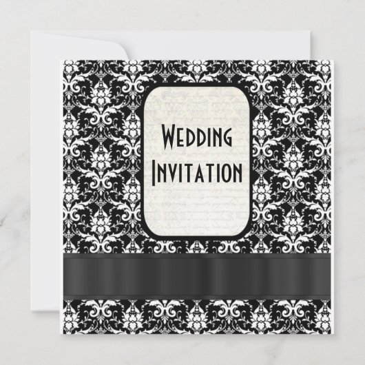 伝統的でフォーマルな白黒ダマスク織の結婚式 招待状 (裏面)