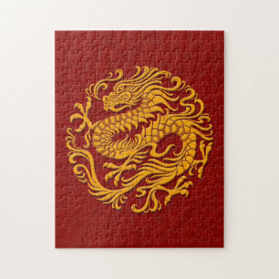 伝統的で黄色および赤く中国のなドラゴンの円 ジグソーパズル