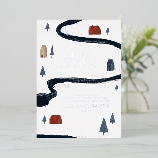 伝統的なエレガントなルーストな冬の雪のクリスマス 箔シーズンカード (立ち正面)