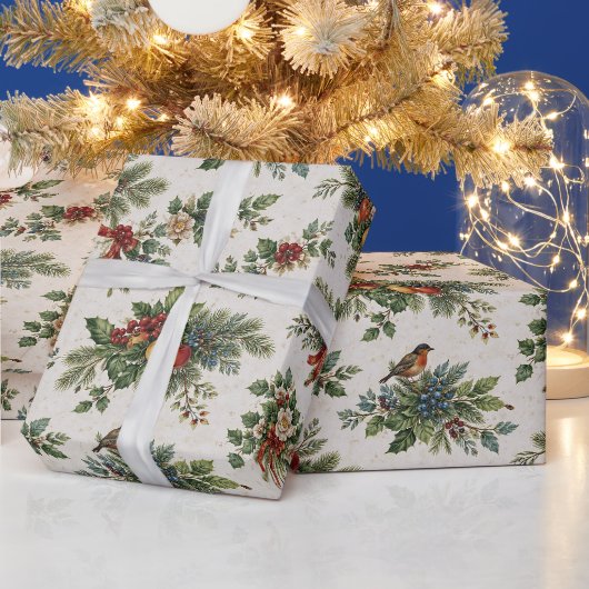 伝統的なクリスマスのヒイラギと冬の果物 ラッピングペーパー (クリスマス)