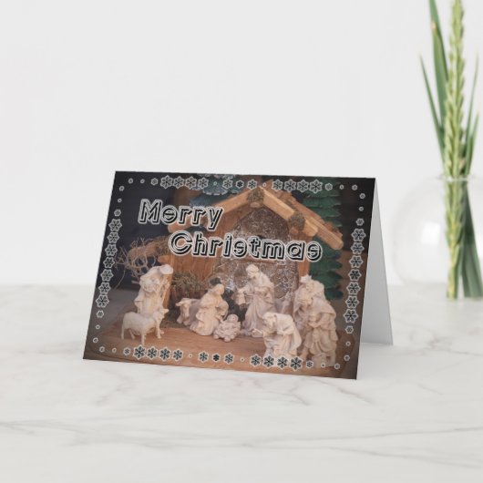 伝統的なクリスマスの木製のキリスト生誕の場面 カード (正面)