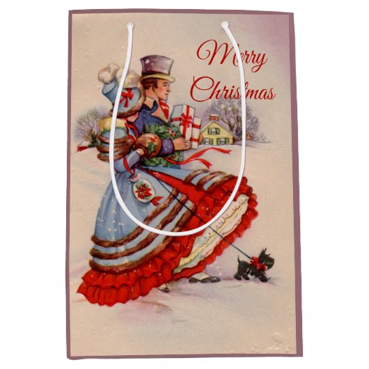 伝統的なクリスマスの買い物 ミディアムペーパーバッグ (正面)