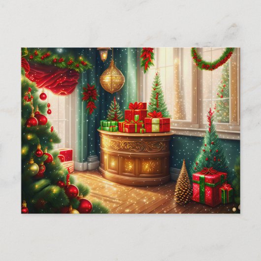 伝統的なクリスマスの飾り付けがされた部屋 ポストカード (正面)