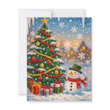 伝統的なクリスマスツリーと雪だるまのホリデーカード